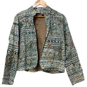 CHICOS Cropped Blazer NWOT Open Front Sequin Embellished Long Sleeve Aztec Print